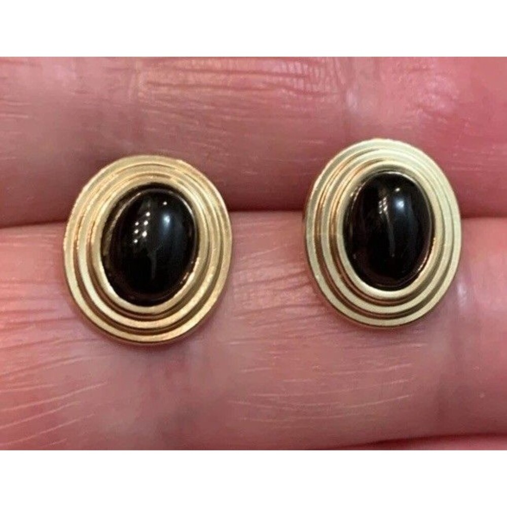 Vintage 14K Yellow Gold Oval Black Onyx Earrings W/Backs